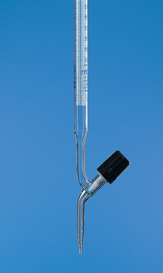 Bureta de 50ml, BLAUBRAND®, clase AS, Boro 3.3, DE-M, Llave de válvula recta, tira Schellbach azul. Brand.