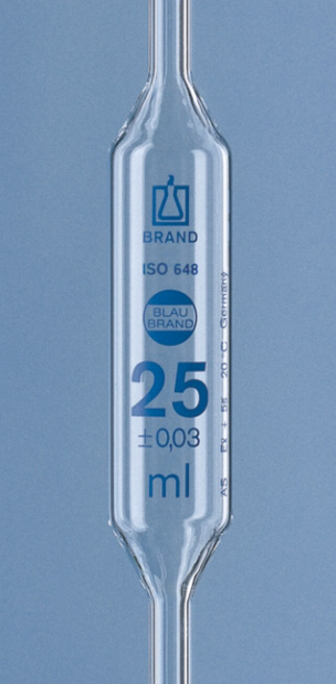 Pipeta aforada , BLAUBRAND, clase AS, certificadas,  2ml , 2 aforos, vidrio AR-Glas. Compra por múltiplo de 12/Precio x un. Brand.